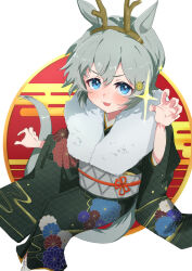 Rule 34 | 1girl, :3, alternate costume, animal ears, black kimono, blue eyes, blush, commentary request, egasumi, fake antlers, feet out of frame, floral print kimono, fur-trimmed kimono, fur trim, grey hair, hair between eyes, highres, horse ears, horse girl, horse tail, japanese clothes, kimono, long sleeves, looking at viewer, obi, red background, sash, seiun sky (umamusume), short hair, simple background, sitting, small-wso6-bell, smile, solo, sparkle, tabi, tail, two-tone background, umamusume, white background, wide sleeves
