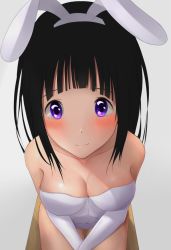 Rule 34 | 1girl, animal ears, artist name, black hair, blush, breasts, chitanda eru, closed mouth, fake animal ears, hyouka, large breasts, long hair, looking at viewer, original, painttool sai, playboy bunny, purple eyes, rabbit ears, simple background, smile, third-party edit, white background