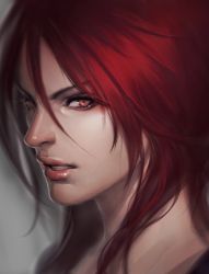 Rule 34 | 1girl, ae-rie, arieaesu, grey background, ironscale shyvana, league of legends, lips, long hair, nose, portrait, red eyes, red hair, shyvana, solo, upper body