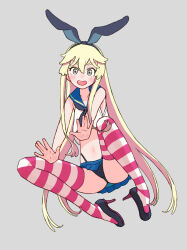 Rule 34 | 1girl, black footwear, black hairband, black neckerchief, black panties, blonde hair, blue sailor collar, commentary request, crop top, full body, grey background, grey eyes, hairband, high heels, highleg, highleg panties, highres, kantai collection, kitsuneno denpachi, long hair, looking at viewer, microskirt, miniskirt, neckerchief, open mouth, panties, sailor collar, shimakaze (kancolle), simple background, skirt, solo, striped clothes, striped thighhighs, thighhighs, underwear