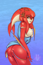 Rule 34 | 1girl, ass, breasts, butt crack, colored skin, fins, fish girl, highres, inverted nipples, looking at viewer, looking back, medium breasts, mipha, monster girl, multicolored skin, nintendo, nipples, no eyebrows, ocean, parted lips, pink lips, puffy nipples, r3dstar, red skin, solo, the legend of zelda, the legend of zelda: breath of the wild, water, watermark, yellow eyes