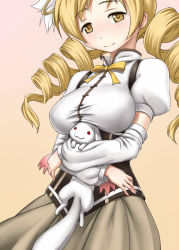 Rule 34 | 10s, 1girl, :3, beret, blonde hair, breast rest, breasts, breasts on head, carried breast rest, carrying, detached sleeves, drill hair, gochou (kedama), hair ornament, hat, kyubey, large breasts, magical girl, mahou shoujo madoka magica, mahou shoujo madoka magica (anime), pleated skirt, puffy sleeves, shirt, skirt, smile, solo, taut clothes, taut shirt, tomoe mami, yellow eyes