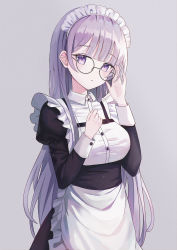 Rule 34 | 1girl, adjusting eyewear, apron, bad id, bad pixiv id, black-framed eyewear, black dress, blush, breasts, collared shirt, commentary request, dress, dress shirt, glasses, grey background, hand up, highres, iren lovel, juliet sleeves, long hair, long sleeves, maid, maid headdress, medium breasts, original, parted lips, puffy sleeves, purple eyes, revision, round eyewear, shirt, silver hair, simple background, solo, very long hair, waist apron, white apron, white shirt