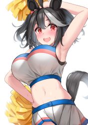 Rule 34 | animal ears, arm up, armpits, black hair, breasts, cheerleader, commentary request, highres, horse ears, horse tail, kibihimi, kitasan black (umamusume), large breasts, looking at viewer, medium hair, midriff, navel, open mouth, pom pom (cheerleading), red eyes, sleeveless, sweat, tail, umamusume, white background
