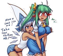 Rule 34 | &gt;:d, 2girls, :d, ahoge, alternate costume, arched back, arrow (symbol), ascot, asymmetrical hair, bare arms, bare shoulders, blue bow, blue dress, blue eyes, blue hair, blue shorts, blush, bow, breasts, circled 9, cirno, collared shirt, commentary, covered erect nipples, cowboy shot, daiyousei, detached wings, dress, ear blush, embarrassed, english text, fairy wings, frilled dress, frills, grabbing, grabbing another&#039;s breast, grabbing from behind, green eyes, hair bow, half updo, hater (hatater), ice, ice wings, large breasts, long hair, looking down, looking up, midriff, motion lines, multiple girls, navel, open mouth, pinafore dress, pointy ears, sanpaku, shirt, short hair, short shorts, short sleeves, shorts, side ponytail, sideboob, simple background, sleeveless, sleeveless dress, small breasts, smile, standing, stomach, tan, tank top, tanned cirno, tareme, teardrop, tearing up, touhou, v-shaped eyebrows, white background, white shirt, wing collar, wings, yellow bow, yuri
