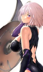 Rule 34 | 1girl, arm at side, ass, back, back cutout, bare shoulders, black gloves, black leotard, blurry, bokeh, breasts, closed mouth, clothing cutout, commentary request, cowboy shot, depth of field, elbow gloves, fate/grand order, fate (series), from side, gloves, gorget, hair between eyes, halterneck, hand in own hair, hand up, highres, impossible clothes, impossible leotard, large breasts, leotard, light smile, looking at viewer, looking back, looking to the side, mash kyrielight, multicolored clothes, multicolored gloves, parted bangs, pekoneko, purple eyes, purple gloves, revision, shield, short hair, sideboob, simple background, smile, solo, standing, turtleneck, white background, white hair