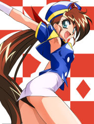 Rule 34 | 1990s (style), 1girl, arm up, armpits, ass, brown hair, checkered background, cropped jacket, diamond (shape), green eyes, happy, haruyama kazunori, hat, jaja uma quartet, joe (jaja uma quartet), joe (jaja uma quartet), long hair, looking at viewer, looking back, microskirt, miniskirt, open mouth, panties, pantyshot, playing card theme, ponytail, retro artstyle, skirt, smile, solo, standing, two-tone background, underwear, uniform, upskirt, very long hair