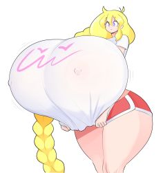 Rule 34 | 1girl, absurdres, blonde hair, braid, breasts, cassie (theycallhimcake), covered erect nipples, curvy, gigantic breasts, hat, highres, long hair, nipples, original, purple eyes, see-through, shirt, shirt tug, simple background, solo, theycallhimcake, thick thighs, thighs, upper body, very long hair, white background, wide hips