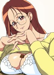 Rule 34 | 00s, 1girl, blush, bra, breast rest, breasts, brown eyes, brown hair, candy, chocolate, cirima, cleavage, clothes lift, collarbone, eyelashes, food, futari wa precure splash star, glasses, large breasts, lingerie, lipstick, long hair, makeup, mature female, mishou kanako, own hands clasped, own hands together, precure, shirt lift, smile, solo, underwear, volvox
