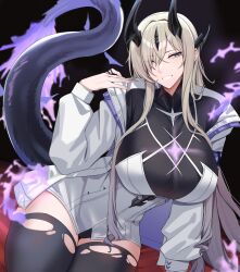 Rule 34 | 1girl, absurdres, arknights, black background, black thighhighs, blue eyes, breasts, commentary, cowboy shot, eblana (arknights), grey hair, grin, highres, horns, huge breasts, jacket, kanta (kanta 077), long hair, looking at viewer, off shoulder, open clothes, open jacket, smile, solo, standing, tail, thighhighs, thighs, very long hair, white jacket
