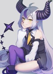 Rule 34 | 1girl, ankle cuffs, aonikuro, ascot, bare shoulders, between legs, black horns, black nails, braid, braided bangs, detached sleeves, grey hair, hand between legs, hand on own face, highres, hololive, horns, la+ darknesss, la+ darknesss (1st costume), long hair, multicolored hair, pantyhose, pointy ears, purple hair, purple pantyhose, single leg pantyhose, sitting, streaked hair, striped horns, virtual youtuber, yellow ascot
