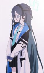 Rule 34 | 1girl, aris (blue archive), black hair, blue archive, blue eyes, collared shirt, halo, highres, jacket, long hair, looking to the side, necktie, nitrio, open clothes, open jacket, own hands together, shirt, simple background, skirt, solo, very long hair, white background