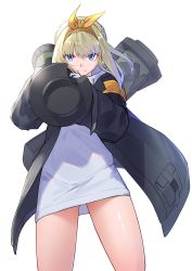 Rule 34 | 1girl, aiming, aiming at viewer, bandana, black jacket, blonde hair, blue eyes, braid, bunker buster, commentary request, commission, cowboy shot, electronic firearm, french braid, girls&#039; frontline, gloves, highres, holding rocket launcher, holding weapon, hood, hoodie, jacket, looking at viewer, man-portable anti-tank systems, mk 153 (girls&#039; frontline), mk 153 shoulder-launched multipurpose assault weapon, mk 153 smaw, open clothes, open jacket, ringobatake, rocket launcher, simple background, skeb commission, smile, solo, thighs, weapon, white background, white hoodie, yellow bandana