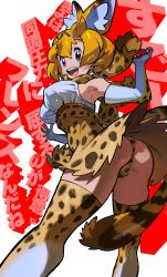 Rule 34 | 10s, 1girl, absurdres, animal ears, ass, text background, bare shoulders, blonde hair, blush, breasts, elbow gloves, gloves, highres, kemono friends, large breasts, open mouth, panties, pantyshot, partially visible vulva, serval (kemono friends), serval print, serval tail, shirt, short hair, simple background, skirt, sleeveless, smile, solo, tail, text focus, tokiya, underwear