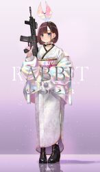 Rule 34 | 1girl, 2023, absurdres, animal ears, assault rifle, boots, brown hair, chinese zodiac, choker, earrings, enpera (jdud8375), fake animal ears, full body, gun, happy new year, high heel boots, high heels, highres, holding, holding gun, holding weapon, japanese clothes, jewelry, kimono, new year, original, pink background, rifle, short hair, solo, trigger discipline, weapon, weapon request, year of the rabbit