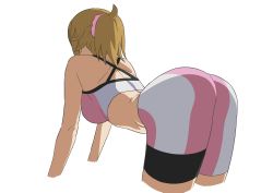 Rule 34 | 1girl, absurdres, ass, back, backboob, bent over, bike shorts, bra, breasts, from behind, gundam, gundam build fighters, gundam build fighters try, hair flaps, highres, hoshino fumina, iwao178, light brown hair, medium hair, pink bra, pink shorts, ponytail, shorts, simple background, skin tight, solo, sports bra, standing, two-tone bra, two-tone shorts, underwear, white background, white bra, white shorts