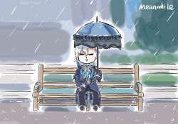 Rule 34 | 1boy, bench, blue coat, chibi, coat, commentary, expressionless, formal, genshin impact, holding, holding umbrella, neuvillette (genshin impact), outdoors, rain, sitting, solo, suit, symbol-only commentary, umbrella, white hair, xinzoruo