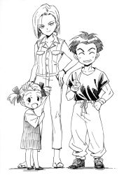Rule 34 | 1boy, 2girls, agahari, android 18, child, closed eyes, couple, dragon ball, dragonball z, dress, family, father and daughter, greyscale, grin, hair ribbon, hand on another&#039;s head, hand on own hip, husband and wife, kuririn, looking at viewer, marron (dragon ball), monochrome, mother and daughter, multiple girls, open mouth, ribbon, sandals, short hair, sketch, sktech, smile, v, wristband