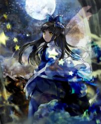 Rule 34 | 1girl, black hair, blue bow, blue dress, bow, closed mouth, commentary request, dress, fairy wings, feet out of frame, frilled bow, frills, full moon, hair bow, highres, juliet sleeves, kaigen 1025, long hair, long sleeves, looking at viewer, looking back, moon, night, night sky, outstretched arm, petticoat, puffy sleeves, sky, smile, solo, star (symbol), star sapphire, touhou, tree, wide sleeves, wings, yellow eyes
