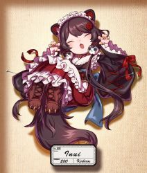 Rule 34 | 1girl, animal ears, black hair, blush, boots, chaki (teasets), character name, chibi, claw pose, closed eyes, commentary, cross-laced footwear, dog ears, dog girl, dog hair ornament, fingernails, flower, frills, full body, hair flower, hair ornament, highres, inui toko, japanese clothes, kimono, lace-up boots, long hair, long sleeves, maid, maid headdress, nail polish, nijisanji, open mouth, sharp fingernails, sleeves past wrists, solo, very long hair, virtual youtuber, wa maid, wide sleeves, yellow nails