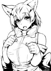 Rule 34 | 10s, 1girl, 2017, animal ears, bare shoulders, blush, bow, bowtie, cat ears, clenched hands, elbow gloves, gloves, greyscale, hair between eyes, happa (cloverppd), head tilt, high-waist skirt, kemono friends, looking at viewer, monochrome, open mouth, paw pose, sand cat (kemono friends), serval (kemono friends), serval print, shirt, short hair, signature, sketch, skirt, sleeveless, sleeveless shirt, solo