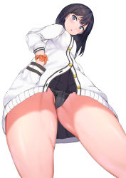 Rule 34 | 1girl, ass, black hair, black skirt, blue eyes, commentary request, gridman universe, long hair, looking at viewer, looking back, looking down, panties, pencil, sikijou77o, simple background, skirt, solo, ssss.gridman, sweater, takarada rikka, thick thighs, thighs, underwear, upskirt, white background, white panties