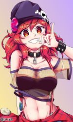Rule 34 | 1girl, alternate costume, arm behind back, arm up, bare shoulders, beanie, bmkro, bracelet, breasts, bright pupils, chain, cleavage, collar, crop top, gradient background, grin, hair between eyes, hat, hecatia lapislazuli, highres, jewelry, large breasts, long hair, looking at viewer, midriff, mouth hold, navel, off-shoulder shirt, off shoulder, plaid, plaid skirt, purple background, red eyes, red hair, red skirt, see-through, shirt, simple background, skirt, smile, solo, spiked bracelet, spikes, teeth hold, touhou, touhou lostword