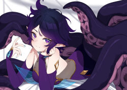 Rule 34 | 1girl, blue eyes, breasts, closed mouth, commission, detached sleeves, highres, indie virtual youtuber, lying, monster girl, octavia astra, on stomach, pointy ears, purple eyes, purple hair, purple sleeves, scylla, see-through, short hair, solo, star-shaped pupils, star (symbol), symbol-shaped pupils, tentacles, valefal coneri, vgen commission, virtual youtuber
