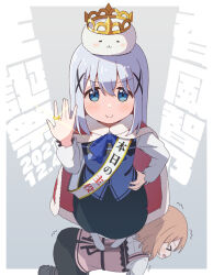 Rule 34 | 2girls, all fours, angora rabbit, animal, animal on head, black footwear, black skirt, blue bow, blue bowtie, blue eyes, blue hair, blue vest, blush, border, bow, bowtie, capelet, closed mouth, commentary request, crown, dated, dress shirt, flat chest, foreshortening, from above, full body, fur-trimmed capelet, fur trim, gochuumon wa usagi desu ka?, gold ring, grey background, hair between eyes, hair ornament, hand on own hip, highres, hoto cocoa, jewelry, kafuu chino, light blue hair, long hair, long sleeves, looking at viewer, mohei, multiple girls, no shoes, on head, open mouth, orange hair, partial commentary, pink vest, rabbit, rabbit house uniform, red capelet, ring, sash, shirt, short hair, shoulder sash, sidelocks, simple background, skirt, smile, standing, standing on person, tippy (gochiusa), translation request, trembling, vest, white border, white shirt, x hair ornament