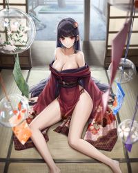 Rule 34 | 1girl, absurdres, bare legs, bare shoulders, barefoot, black hair, blunt bangs, blush, breasts, cleavage, closed mouth, collarbone, covered navel, cryturtle, hair ornament, highres, indoors, japanese clothes, kimono, kimono pull, large breasts, long hair, long sleeves, looking at viewer, obi, off shoulder, on floor, original, red eyes, red kimono, sash, sitting, smile, solo, straight hair, tatami, very long hair, wide sleeves, wind chime