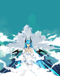 Rule 34 | 1girl, ahoge, blue eyes, blue hair, blue sky, breasts, cleavage, cleavage cutout, clothing cutout, cloud, cloudy sky, dress, hair between eyes, horns, long dress, long hair, long sleeves, matching hair/eyes, open mouth, original, outdoors, own hands together, sky, smile, solo, starshadowmagician, very long hair, white dress, wings