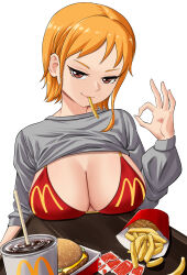 Rule 34 | 1girl, absurdres, breast rest, breasts, brown eyes, burger, clothes lift, cosplay, cup, disposable cup, drink, elpipe 3000, food, french fries, highres, holding, holding tray, ketchup, large breasts, mcdonald&#039;s, mother (yoru mac), nami (one piece), one piece, orange hair, shirt lift, short hair, solo, tray, yoru mac