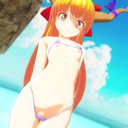 1girl 3d :o animated armpits arms_behind_back arms_behind_head beach bikini bikini_top_lift blonde_hair breasts brown_eyes cleft_of_venus clothes_lift curvy hair_ribbon highres horns ibuki_suika legs lifted_by_self long_hair looking_at_viewer mofumoko5 navel nipples ocean open_mouth presenting pussy pussy_peek ribbon small_breasts smile solo swimsuit tagme thighs thong_bikini touhou video water