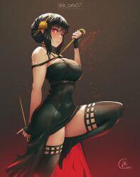 Rule 34 | 1girl, black dress, black gloves, black hair, black thighhighs, blood, blood splatter, breasts, cleavage, covered navel, dagger, dress, fingerless gloves, gloves, gold hairband, hairband, holding, holding dagger, holding knife, holding weapon, jk arts, knife, large breasts, parted lips, red eyes, short hair, signature, sleeveless, sleeveless dress, solo, split, spy x family, standing, standing on one leg, stiletto (weapon), thighhighs, thighs, twitter username, two-sided dress, two-sided fabric, weapon, yor briar, zettai ryouiki