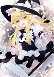 Rule 34 | 1girl, :d, bad id, bad pixiv id, black gloves, black hat, black skirt, blonde hair, bow, braid, commentary request, fang, feet out of frame, fingerless gloves, garter straps, gloves, hair between eyes, hat, hat bow, highres, kirisame marisa, long hair, looking at viewer, nanase nao, open mouth, puffy short sleeves, puffy sleeves, shirt, short sleeves, single braid, skirt, smile, solo, star (symbol), thighhighs, touhou, very long hair, white bow, white shirt, white thighhighs, witch hat, yellow eyes