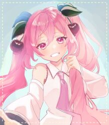 Rule 34 | 1girl, absurdres, alternate color, blush, cherry, cherry hair ornament, collared shirt, commentary request, detached sleeves, food, food-themed hair ornament, fruit, grin, hair ornament, hatsune miku, highres, long hair, looking at viewer, necktie, nyako (lhq3p), pink eyes, pink hair, pink necktie, pink sleeves, sakura miku, shirt, sleeveless, sleeveless shirt, smile, solo, teeth, twintails, very long hair, vocaloid, white shirt