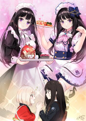 Rule 34 | 2girls, apron, bandage on face, bandages, black dress, black hair, blonde hair, blue bow, bow, cake, cake slice, carrying bag, commentary, cup, dress, food, frilled dress, frills, hair bow, highres, holding, holding hands, holding plate, long hair, lovestruck, lycoris recoil, lycoris uniform, maid, maid headdress, multiple girls, omelet, omurice, pierorabu, plate, purple eyes, red apron, red eyes, red ribbon, ribbon, sparkle, symbol-only commentary, teacup, white dress, yuri