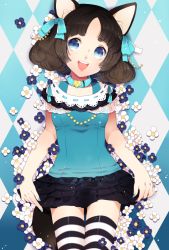 Rule 34 | 1girl, :d, animal ears, argyle, argyle background, argyle clothes, bad id, bad pixiv id, blue eyes, blue nails, bow, brown hair, casual, cat ears, chobi (pixiv), collar, curly hair, dog ears, dress, eyebrows, flower, hair bow, jewelry, momoshiki tsubaki, nail polish, necklace, open mouth, original, parted bangs, personification, pixiv, skirt, smile, solo, striped clothes, striped thighhighs, thighhighs