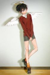 Rule 34 | 10s, 1boy, aged down, angel, angel wings, aqua eyes, bare legs, black footwear, black hair, chromatic aberration, closed mouth, collared shirt, commentary request, crossed ankles, dress shirt, expressionless, feathered wings, free!, full body, grey shorts, halo, hana (dqkmb362), highres, indoors, light frown, loafers, long sleeves, looking at viewer, male focus, nanase haruka (free!), orange socks, own hands together, red sweater, shirt, shoes, short shorts, shorts, socks, solo, standing, standing on one leg, sweater, v-neck, v arms, white shirt, white wings, wing collar, wings, wooden floor
