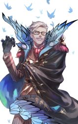 Rule 34 | 1boy, black gloves, blue eyes, bug, butterfly, cape, cowboy shot, epaulettes, facial hair, fate/grand order, fate (series), formal, glasses, gloves, grey hair, high collar, highres, insect, james moriarty (archer) (fate), kuroda matsurika, long sleeves, looking at viewer, male focus, mustache, one eye closed, short hair, smile, solo, vest