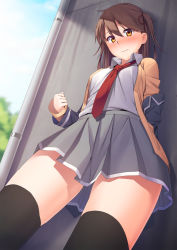 Rule 34 | 1girl, blazer, blush, brown eyes, brown hair, cardigan, from below, highres, jacket, long hair, looking at viewer, mikazuchi zeus, open jacket, open cardigan, open clothes, open jacket, original, school uniform, skirt, solo, sweater, thighhighs