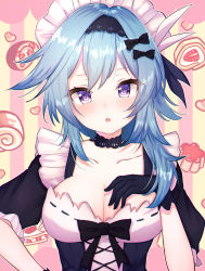 Rule 34 | 1girl, absurdres, alternate costume, apron, black gloves, blue hair, choker, close-up, collarbone, commentary request, enmaided, eula (genshin impact), genshin impact, gloves, hair between eyes, hand on own hip, hand on own face, highres, long hair, looking at viewer, maid, maid apron, miitaodao, parted lips, puffy short sleeves, puffy sleeves, purple eyes, short sleeves, sidelocks, simple background, solo