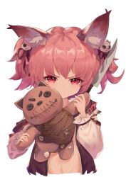 Rule 34 | 1girl, absurdres, animal ear fluff, animal ears, arknights, beizitengrener, black jacket, burnt clothes, chinese commentary, commentary request, cropped torso, fox ears, hair ornament, heart, heart-shaped pupils, highres, holding, holding knife, holding stuffed toy, jacket, knife, looking at viewer, no shirt, open clothes, open jacket, pink eyes, pink hair, pout, shamare (arknights), short hair, simple background, solo, straight-on, stuffed toy, symbol-shaped pupils, twintails, upper body, v-shaped eyebrows, white background, white sleeves