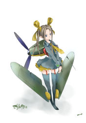 Rule 34 | 1girl, aircraft, airplane, armband, artist name, bf 109, blue eyes, brown hair, character name, garter straps, hair ribbon, long hair, mecha musume, military, nano (nanosize), necktie, original, propeller, ribbon, signature, simple background, solo, thighhighs, twintails, world war ii, yellow necktie