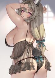 Rule 34 | 1girl, :o, animal ears, armpits, ass, back, blonde hair, blurry, blurry background, blush, breasts, feet out of frame, gougasha akira, hand on own face, highres, hinamori rico, huge breasts, lingerie, long hair, looking at viewer, looking back, nails, negligee, pink eyes, simple background, underwear, virtual youtuber