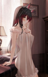 Rule 34 | 1girl, absurdres, animal ear fluff, animal ears, arknights, ass, black hair, black nails, blush, breasts, closed mouth, commission, curtains, day, desk, dress, from side, gradient hair, highres, lamp, long hair, looking at viewer, looking to the side, medium breasts, multicolored hair, nail polish, nightgown, picture frame, pixiv commission, profile, red hair, ru zhai, see-through, see-through dress, shelf, sleepwear, solo, straight hair, tail, texas (arknights), window, wolf ears, wolf girl, wolf tail, yellow eyes