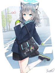 Rule 34 | 1girl, amayo (amayo000), animal ear fluff, animal ears, bag, black footwear, black gloves, black skirt, blazer, blue archive, blue eyes, blue jacket, blue scarf, closed mouth, cross hair ornament, gloves, green gloves, hair ornament, halo, highres, holding, holding bag, jacket, kneehighs, leg up, light blush, long hair, long sleeves, looking at viewer, mismatched pupils, plaid, plaid skirt, road, scarf, school bag, shiroko (blue archive), signature, skirt, socks, solo, street, striped clothes, striped scarf, tree, two-tone gloves, white socks, wolf ears
