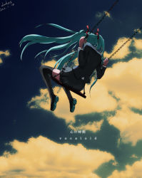 Rule 34 | 1girl, aqua hair, bad id, bad pixiv id, boots, cloud, female focus, from behind, hatsune miku, long hair, lukas (hikari1900), outdoors, skirt, sky, solo, swing, swinging, thigh boots, thighhighs, twintails, very long hair, vocaloid