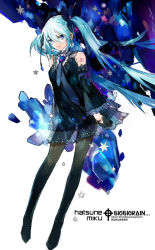 Rule 34 | 1girl, aqua hair, black dress, black gloves, blue eyes, blue theme, detached sleeves, dress, earrings, female focus, full body, gloves, hatsune miku, highres, jewelry, legs, long hair, necktie, pantyhose, see-through, solo, starshadowmagician, unmoving pattern, very long hair, vocaloid, white background, wide sleeves