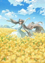 Rule 34 | 1girl, arms up, blue sky, blush, cloud, commentary request, day, dress, closed eyes, field, floating hair, flower, flower field, highres, long hair, long sleeves, meadow, open mouth, original, outdoors, potg (piotegu), rapeseed blossoms, sky, smile, solo, very long hair, white dress, yellow flower